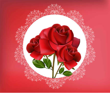 Red Rose flowers in vintage lace frame. Vector illustration for greeting card, wedding, invitation, printsのイラスト素材