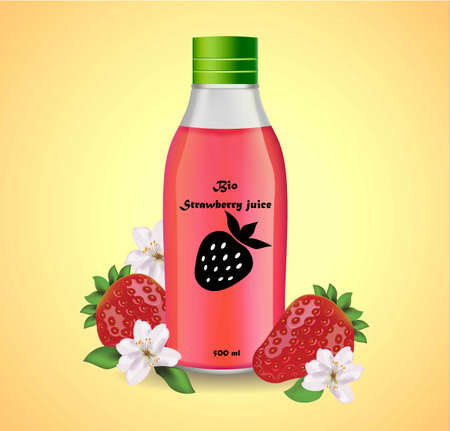 Bottle of strawberry juice realistic product package label.のイラスト素材