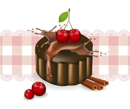 Cherry cake on a vintage pattern. Vector delicious illustrations.のイラスト素材