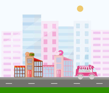 Fast food and donuts buildings town view pink colors Vectorのイラスト素材