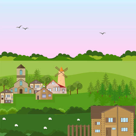 Village houses in a field.のイラスト素材