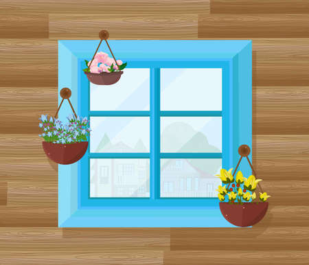 Blue window of a wood house front viewのイラスト素材