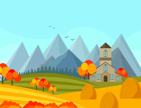 Contryside autumn season with mountains.のイラスト素材