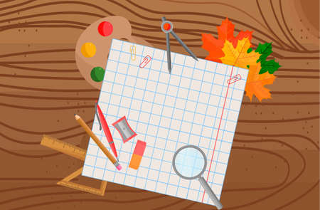 School supplies on wooden.のイラスト素材