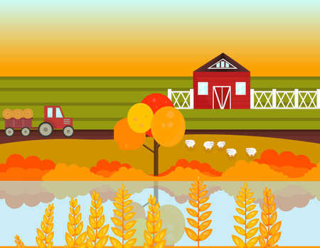 Farm village autumn season with lake background. Vector illustrationの写真素材