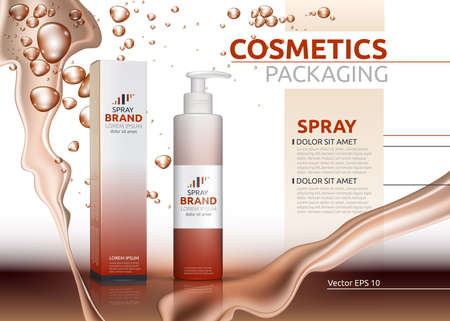 Vector Spray natural products realistic bottles. Mockup 3D illustration. Cosmetic package ads template. Splash Water effect backgroundsのイラスト素材