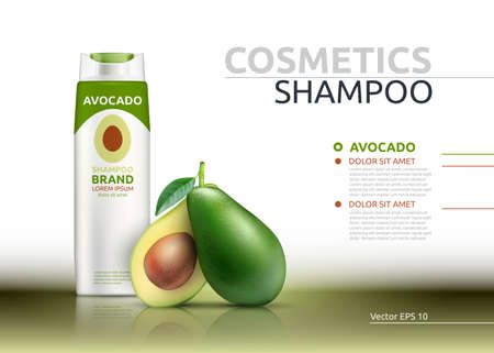 Shampoo cosmetic realistic mock up package avocado essence. Vector 3D illustration. Cosmetic package ads template. Natural fruit detailed 3d elementのイラスト素材