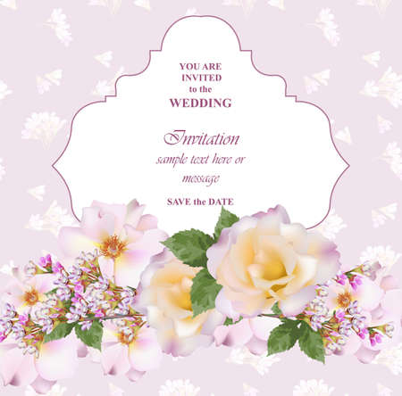 Wedding Invitation Card vector. Delicate rose and lavender flowers. Primrose pink colorsのイラスト素材