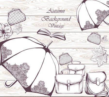 Vintage autumn set. Umbrella,book and gloves. Line art hand drawn graphic stylesのイラスト素材
