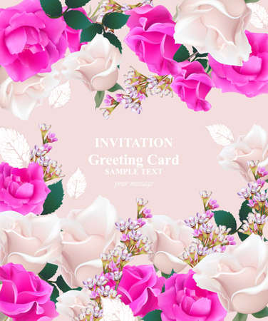 Wedding Invitation Card vector. Roses and lavender flowers. Primrose pink colorsのイラスト素材