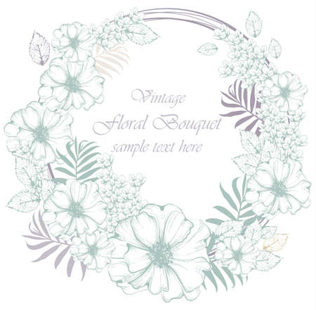 Beautiful flowers wreath Vector illustration. Floral pattern background. Line art hand drawn graphic style illustrationsのイラスト素材