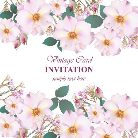 Wedding Invitation Card vector. Delicate rose and lavender flowers. Primrose pink colorsのイラスト素材