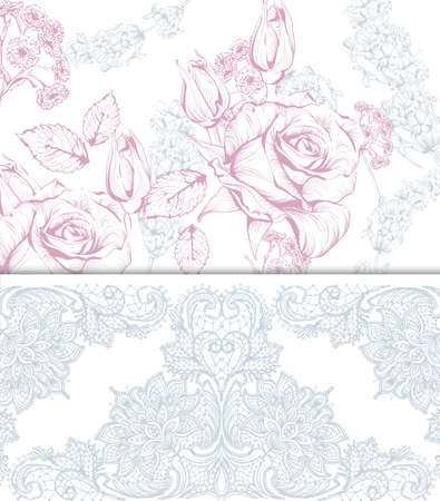 Vintage rose flowers and lace card. Vector line art. Beautiful background. hand drawing graphic styleのイラスト素材