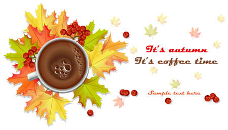 Coffee cup in autumn banner template fall season illustration.のイラスト素材