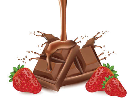 Chocolate splash and strawberry realistic illustration.のイラスト素材