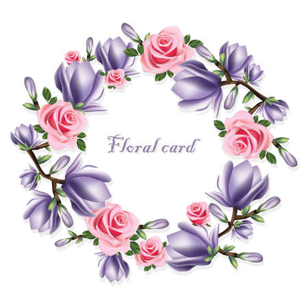 Roses and violet flowers wreath card. Vector spring summer bouquetのイラスト素材