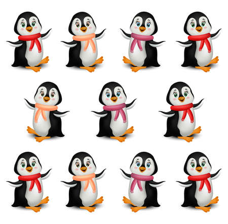 Happy Penguins pattern cartoon Vector isolated on whiteのイラスト素材