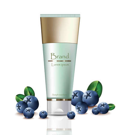 Cream Cosmetics realistic mock up set collection. Blueberry extract products Vector. Hydration cream. Perfect for advertising, banner, poster. 3d illustrationのイラスト素材