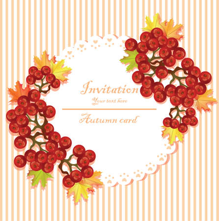 Autumn Invitation with viburnum Vector round frame. Striped backgroundのイラスト素材