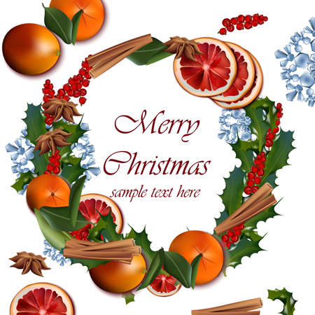 Merry Christmas wreath with red orange slices. Vector realistic cardのイラスト素材