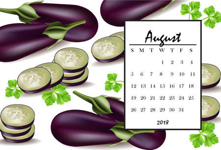 August 2018 calendar page with eggplant pattern background. Vector illustrationのイラスト素材