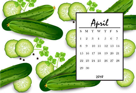 April 2018 calendar page with cucumber pattern background. Vector illustrationのイラスト素材