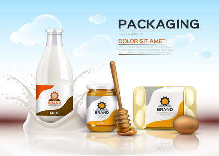 Vector realistic food products Milk and honey bottles, eggs packaging. 3d detailed mock up label designのイラスト素材