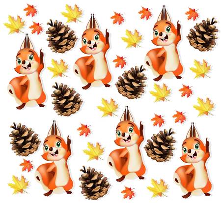 Autumn pattern background with funny squirrel character Vector illustrationsのイラスト素材