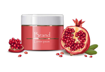 Cream Cosmetics realistic mock up. Pomegranate extract products Vector. Hydration cream Perfect for advertising, flyer, banner, poster. 3d illustrationsのイラスト素材