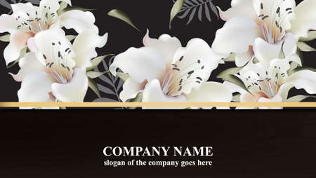 Luxury card with lily flowers Vector. Beautiful illustration for brand book, business card or poster. Black background. Place for textsのイラスト素材
