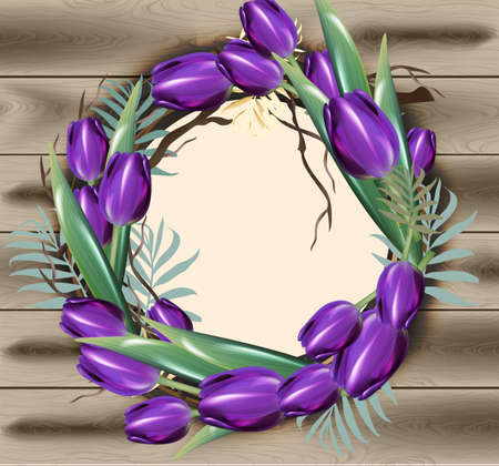 Tulip flowers wreath frame decor Vector with wooden textureのイラスト素材