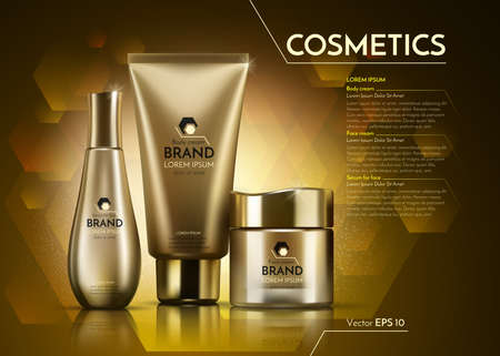 Gold Cosmetics Vector realistic package ads template. Face and body cream products bottles. Mockup 3D illustration. Sparkling backgroundsのイラスト素材
