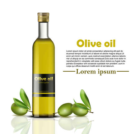 Olive oil bottle Vector realistic. food identity branding, packaging design. Healthy cold pressed organic product, natural vegan productsのイラスト素材