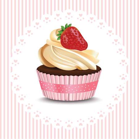 Cupcake on retro lace background. Vector realistic dessert. Summer delicious treatsのイラスト素材