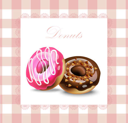 Delicious donuts dessert layout Vector. Card illustration or menu page. Retro styleのイラスト素材