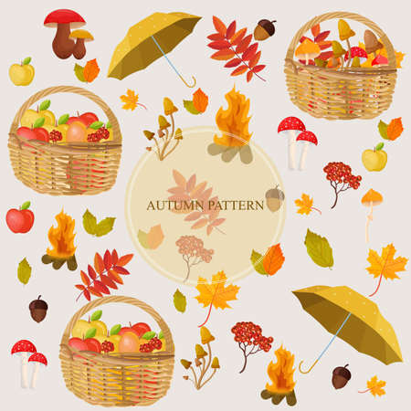 Fruits and leaves autumn pattern. Seasonal harvest vectorのイラスト素材