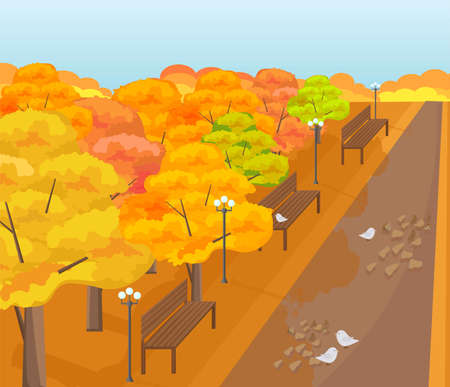 Bench in the Park Autumn season. Vector illustrationのイラスト素材