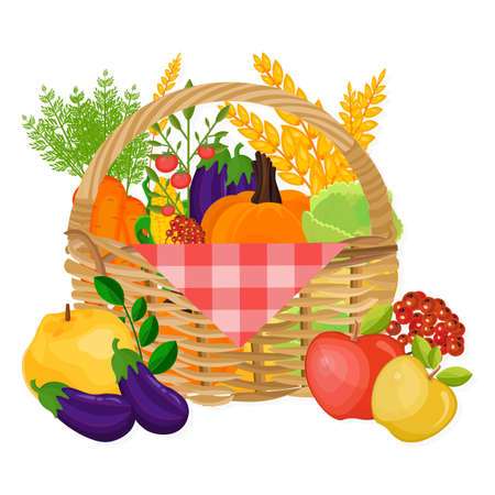 Fruits and veggies in a basket autumn harvest. Seasonal templates vectorのイラスト素材