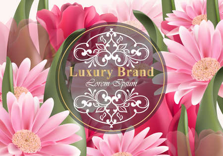 Luxury card with daisy flowers Vector. Beautiful illustration for brand book, business card or poster. Growing flowers background. Place for textのイラスト素材