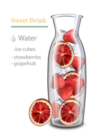 Hydrating detox water drink. Strawberry and red orange flavor. Realistic fresh beverage mix in a glass jarのイラスト素材