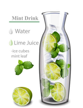 Hydrating detox water drink. Lime and mint flavor. Realistic fresh beverage mix in a glass jarのイラスト素材