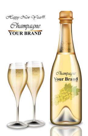 New Year gold champagne bottle and glasses card. Vector realisticのイラスト素材