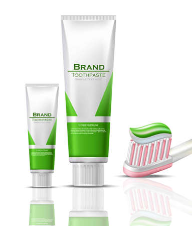 Toothpaste realistic Vector packaging mock up. Green bio product tubes and brushのイラスト素材