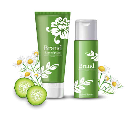 Cucumber and chamomile cosmetics mock up packaging. Brand label design Vector realistic illustrationのイラスト素材