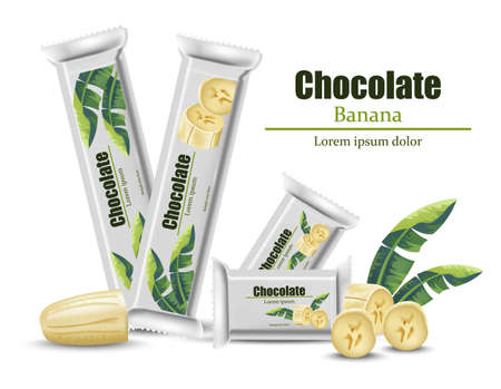 Chocolate banana packaging realistic Vector. Brand logo designのイラスト素材