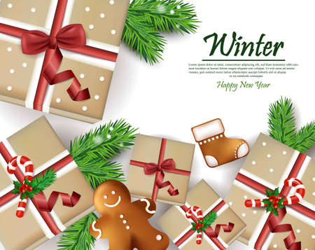 Winter Holiday gift boxes card Vector. Festive decor illustrationのイラスト素材