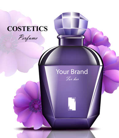 Women perfume purple bottle with delicate flowers fragrance. Realistic Vector Product packaging designのイラスト素材