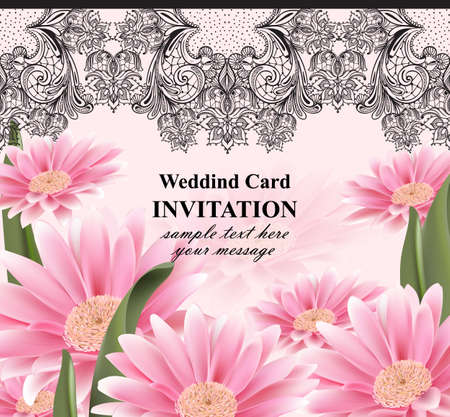 Lace and daisy flowers card Vector. Vintage invitation with realistic floral decorのイラスト素材