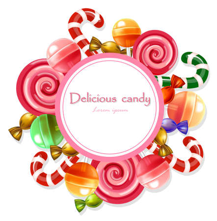 Delicious candies round card Vector realisticのイラスト素材