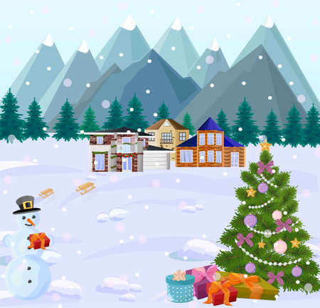 Mountains view in Winter Holidays. Little houses, Christmas tree and snowman. Snowy backgroundsのイラスト素材